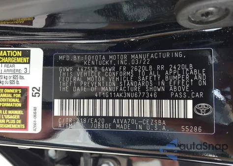 2022 Toyota Camry Se из США, поврежденный, VIN 4T1G11AK3NU677346